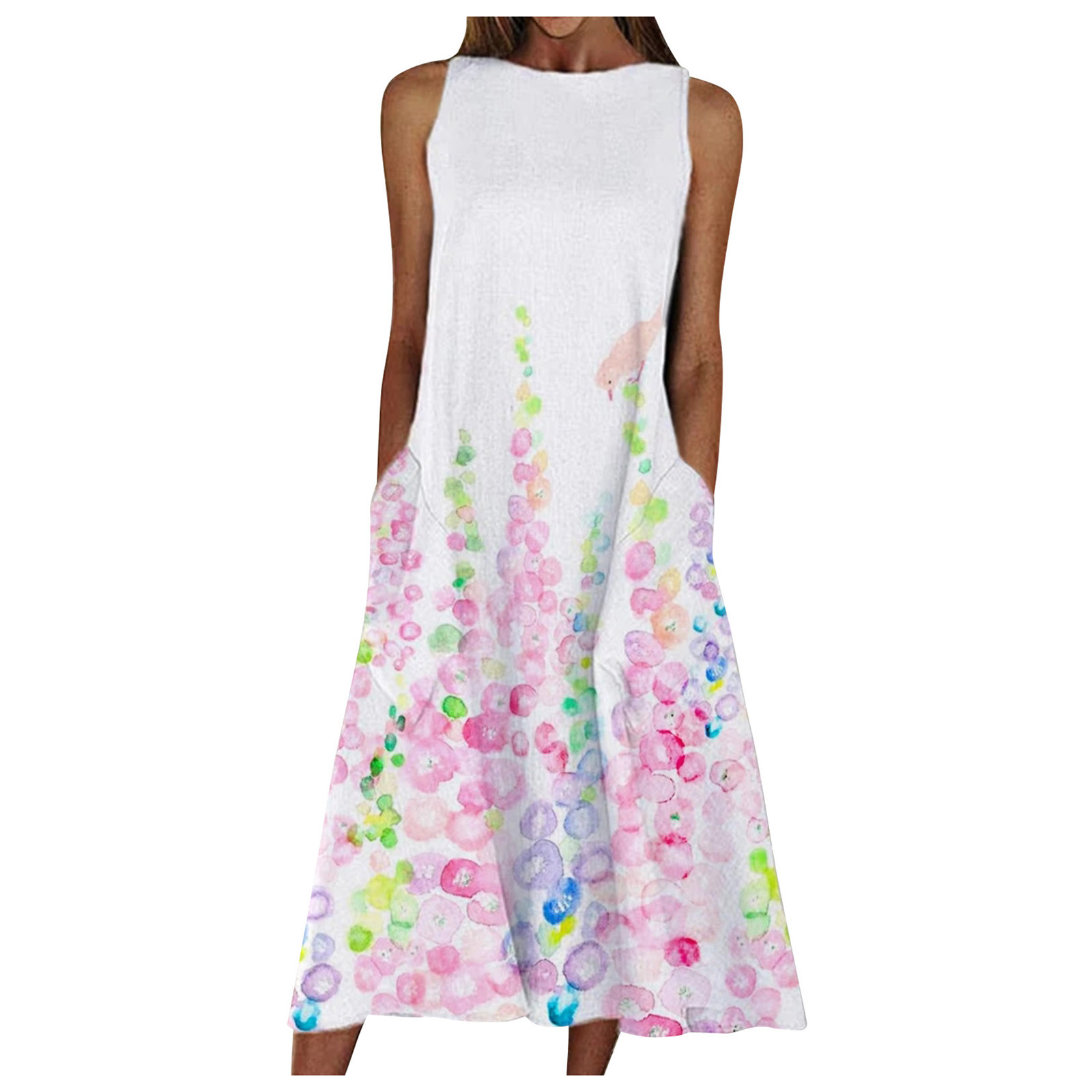 Women Summer Print Beach Holiday Dress Round Neck Big Swing Pocket Maxi Dress
